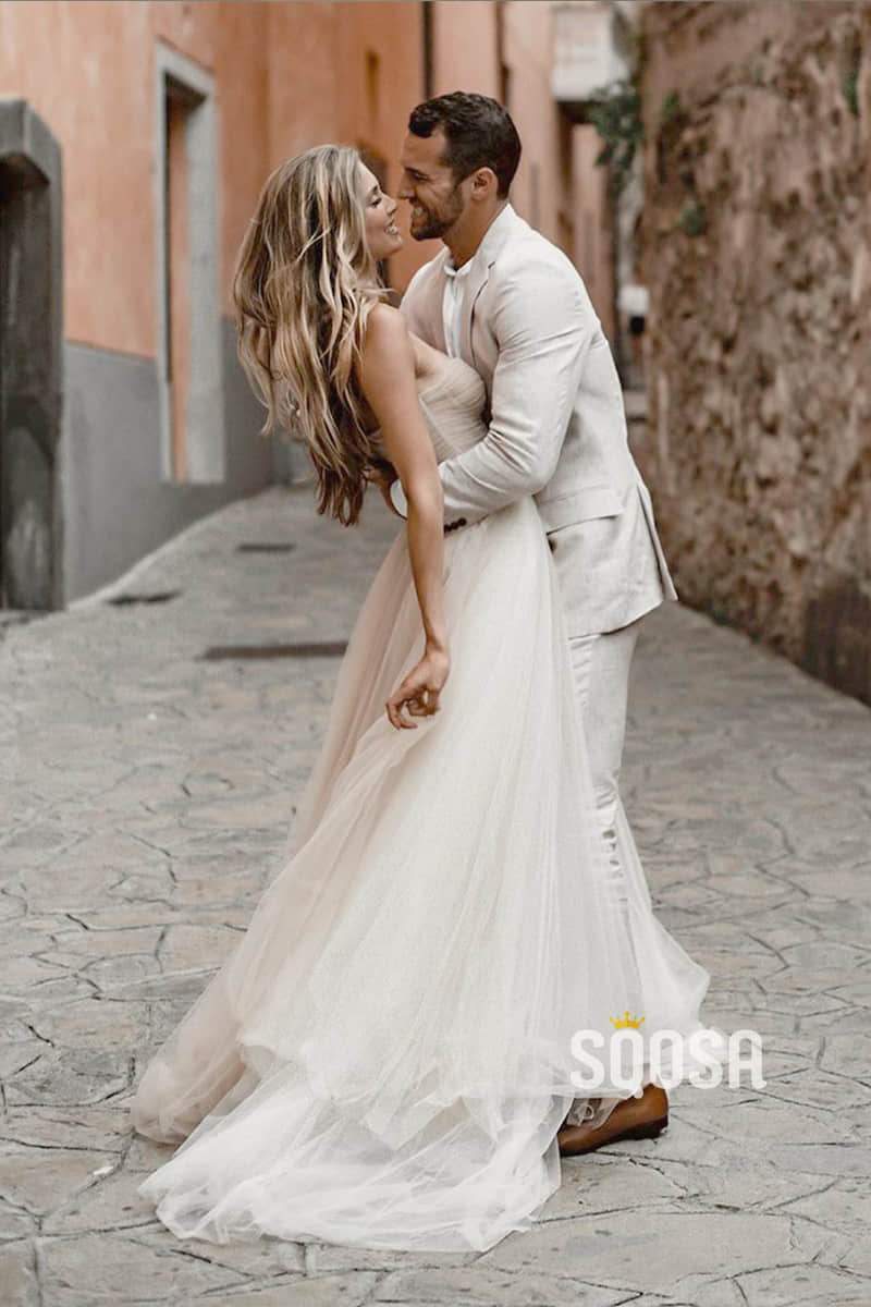 A-Line Sweetheart Modest Tulle Rustid Wedding Dress Bohemain Bride QW0849|SQOSA