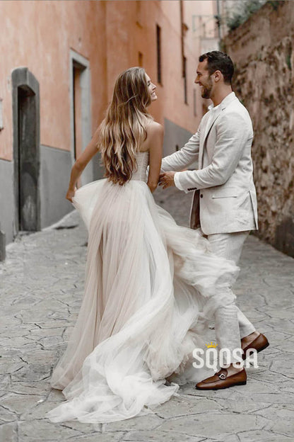 A-Line Sweetheart Modest Tulle Rustid Wedding Dress Bohemain Bride QW0849|SQOSA