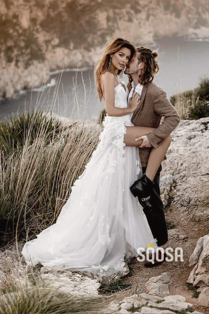 Unique 3D Appliques V-neck Bohemain Lace Wedding Dress with Slit Bridal Gowns QW0852|SQOSA