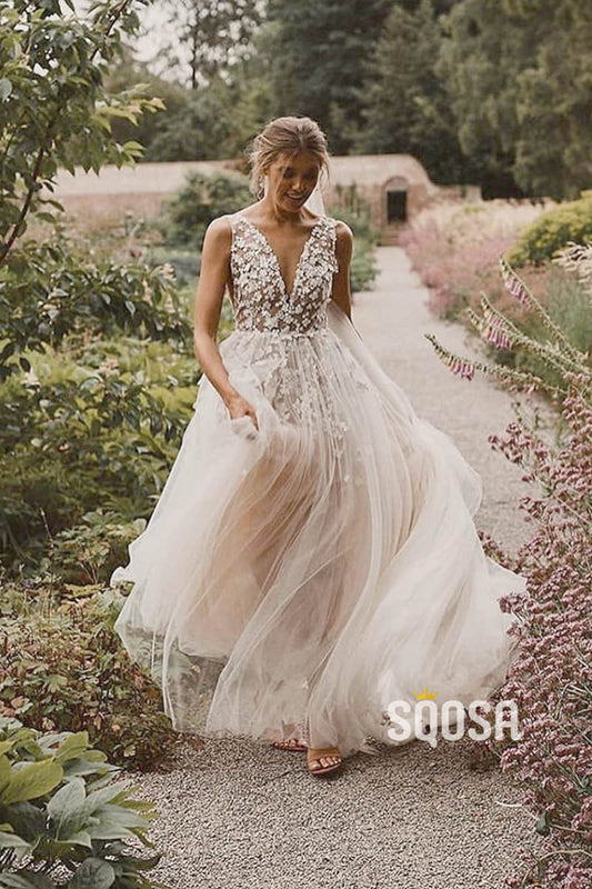 Illusion V-Neck Applliques Modest Tulle A-Line Rustic Wedding Dress Bohemian Wedding Gowns QW0859|SQOSA