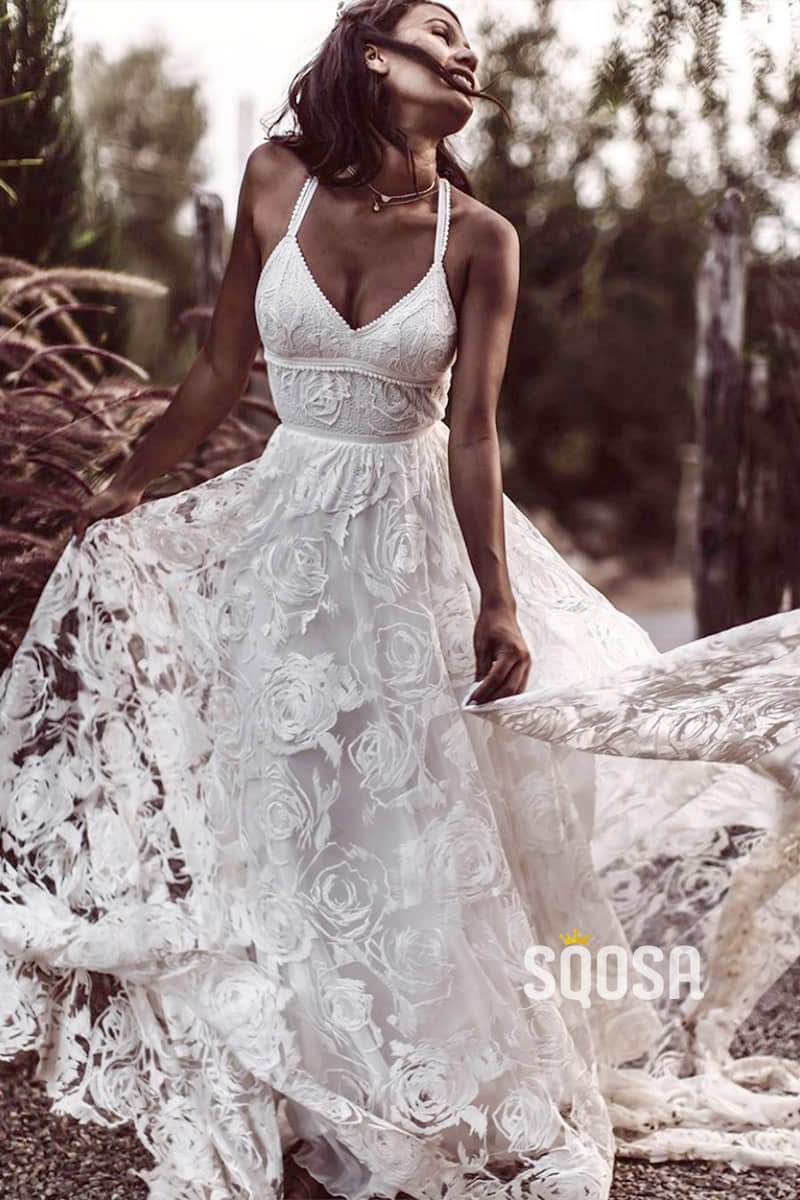 Luxury Lace Chic Halter A-Line Bohemian Wedding Dress with Slit Bridal Gowns QW0862|SQOSA