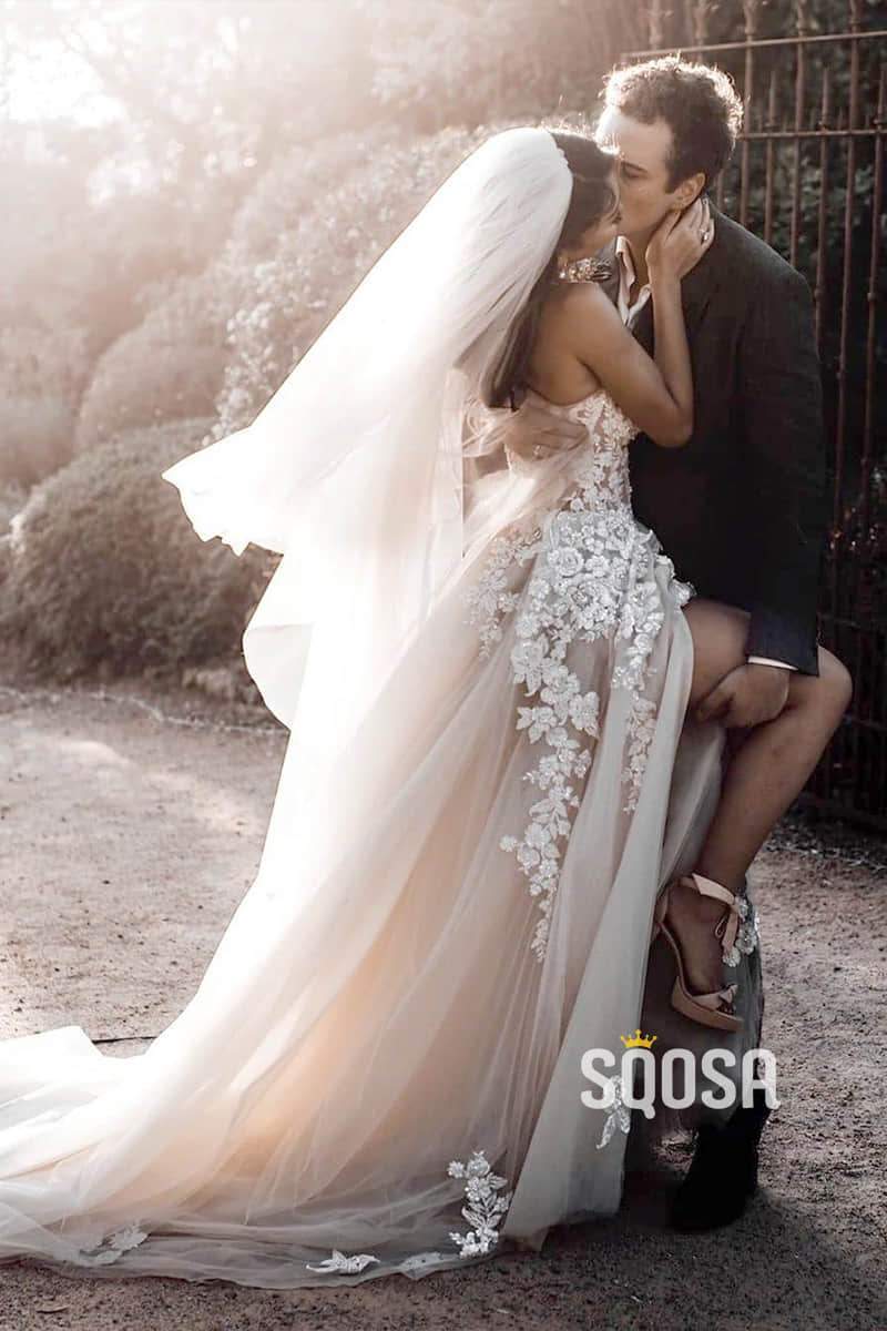 Sweetheart Lace Appliques Tulle A-Line Rustic Wedding Dress Bridal Gowns QW0864|SQOSA