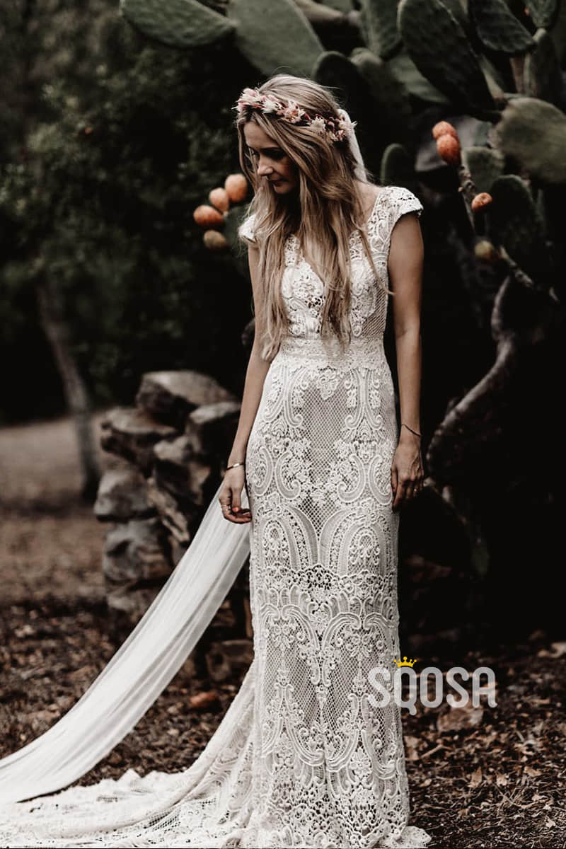 Cap sleeve boho wedding dress hotsell