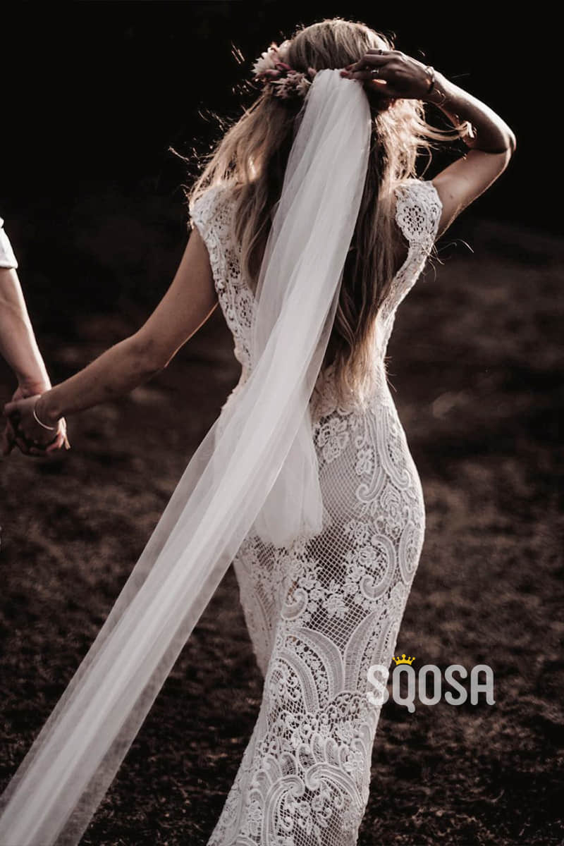 Exquisite Lace Cap Sleeves V-neck Sheath/Column Bohemain Wedding Dress QW0872|SQOSA