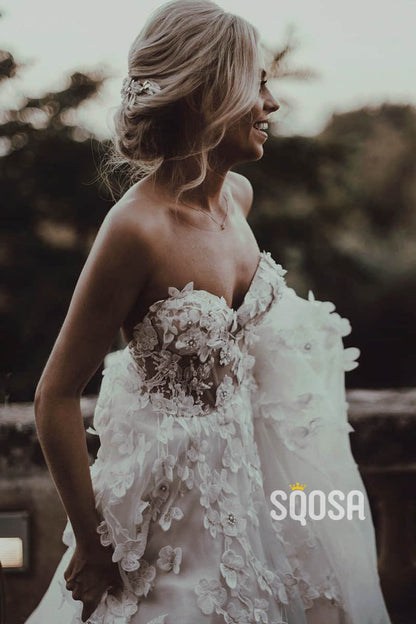 Sweetheart Appliques with Beading A-Line Rustic Wedding Dress Beach Wedding Dress QW0874|SQOSA
