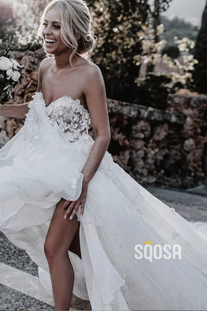 Sweetheart Appliques with Beading A-Line Rustic Wedding Dress Beach Wedding Dress QW0874|SQOSA