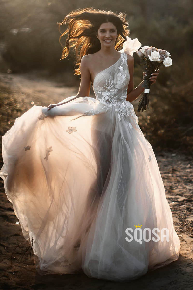 Attractive One Shoulder Tulle Appliques A-line Rustic Wedding Dress Bridal Gowns QW0875|SQOSA