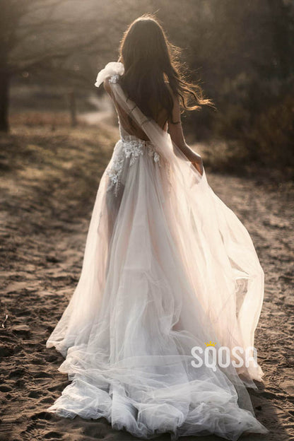 Attractive One Shoulder Tulle Appliques A-line Rustic Wedding Dress Bridal Gowns QW0875|SQOSA
