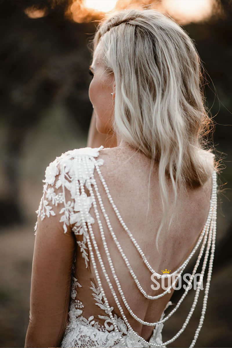 Illusion Long Sleeve Appliques Luxury Lace Mermaid Wedding Dress Rustic Wedding Gowns QW0880