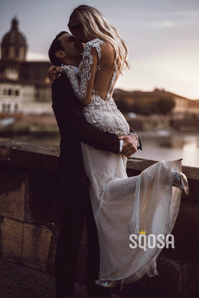 Attractive Deep V-neck Illusion Long Sleeve Appliques Lace Mermaid Wedding Dress QW0882|SQOSA