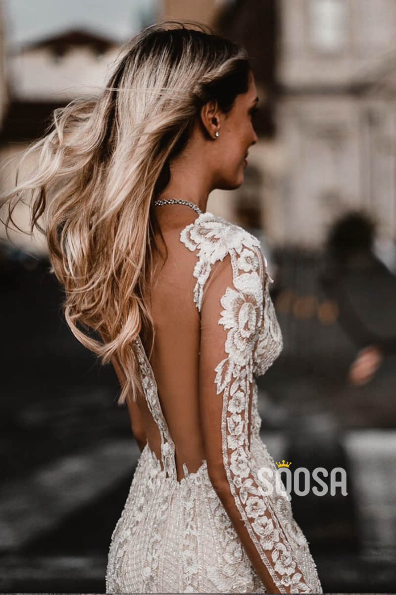 Attractive Deep V-neck Illusion Long Sleeve Appliques Lace Mermaid Wedding  Dress QW0882