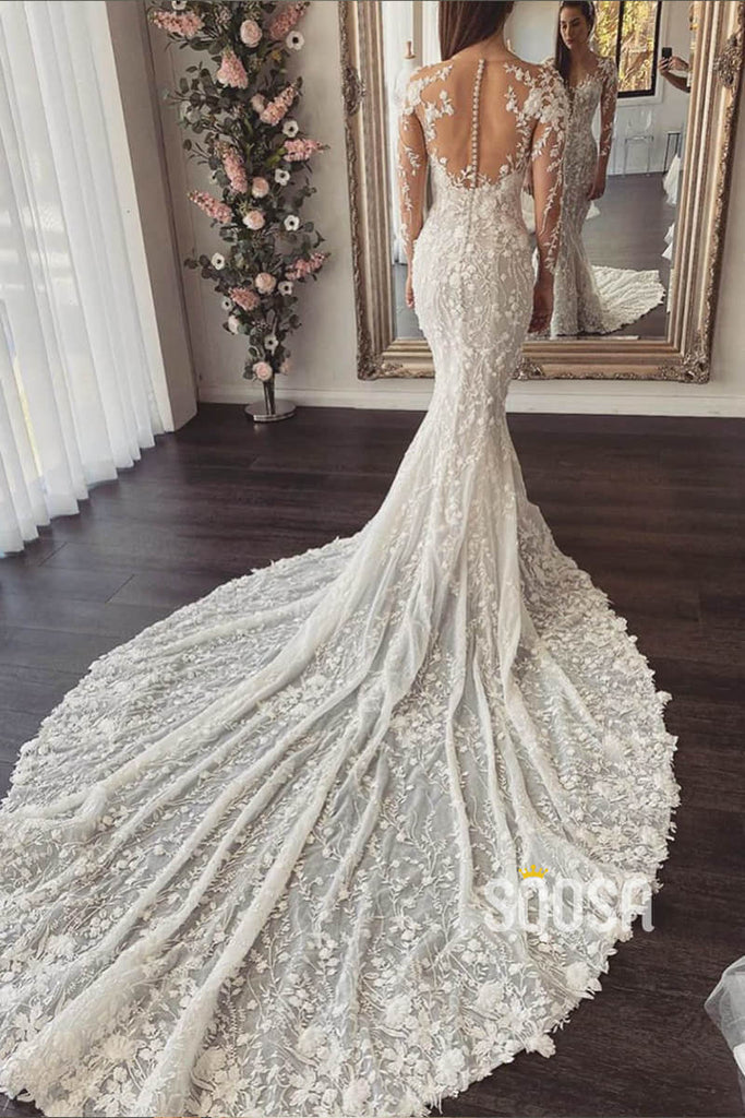 Mermaid Wedding Dress Illusion Long Sleeve Lace Wedding Dress with Watteau Train QW0885|SQOSA