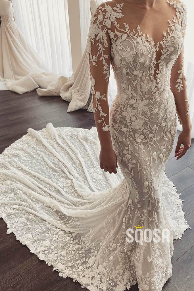 Mermaid Wedding Dress Illusion Long Sleeve Lace Wedding Dress with Watteau Train QW0885|SQOSA