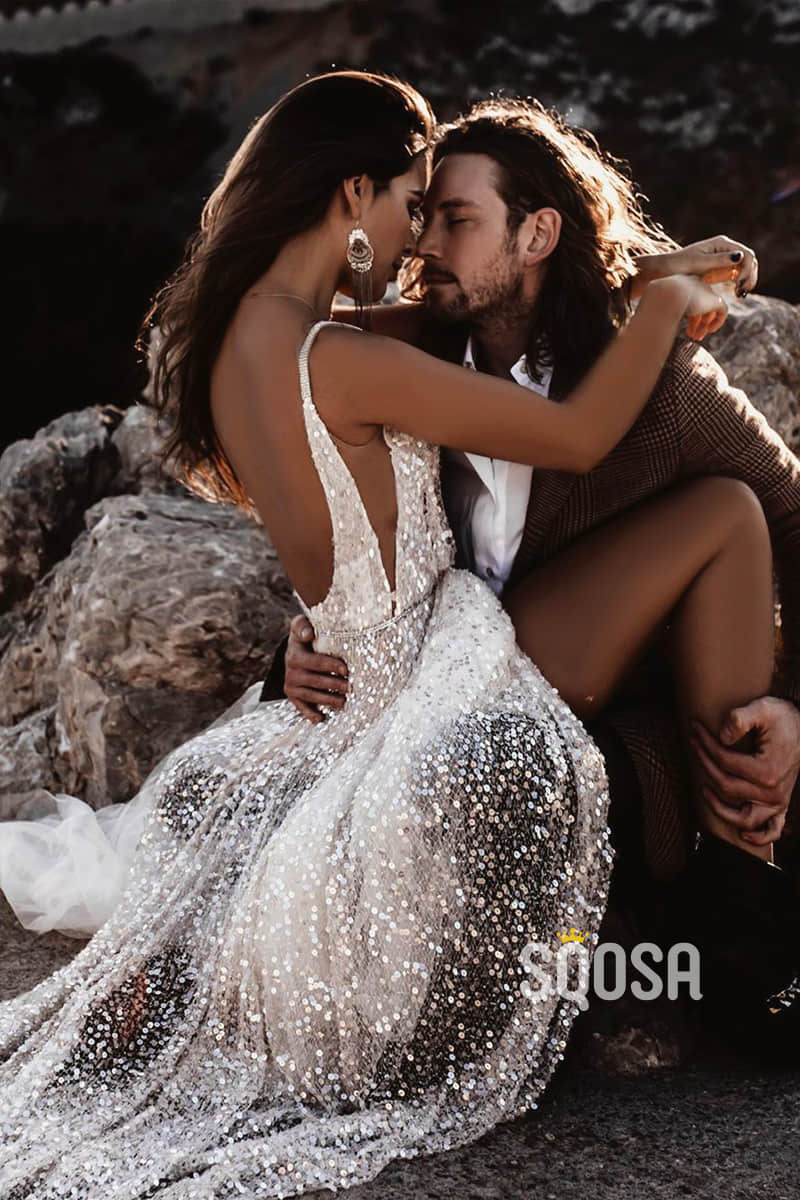 A-Line Sparkle Sequins Sexy V-neck Rustic Wedding Dress Backless QW0890|SQOSA
