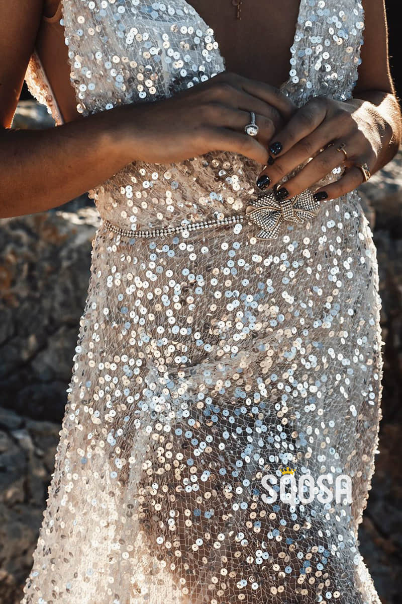 A-Line Sparkle Sequins Sexy V-neck Rustic Wedding Dress Backless QW0890|SQOSA