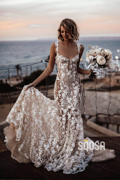 Luxury 3D Lace Sweetheart Mermaid Wedding Dress Rustic Wedding Gowns QW0891|SQOSA