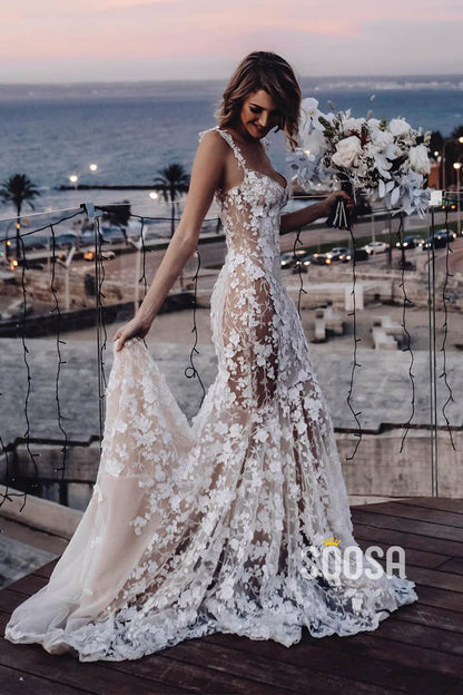 Luxury 3D Lace Sweetheart Mermaid Wedding Dress Rustic Wedding Gowns QW0891|SQOSA
