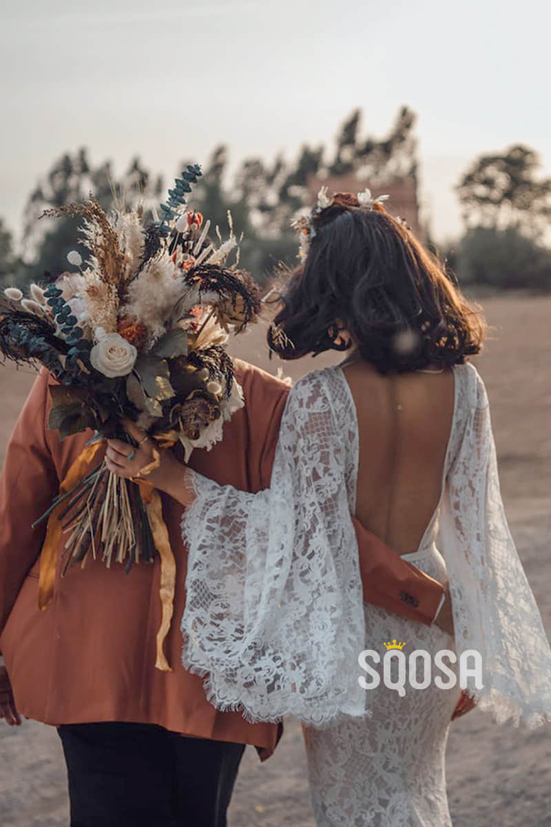 Unique Bat Sleeves Deep V-neck Mermaid Wedding Dress Lace Bridal Gowns QW0892|SQOSA