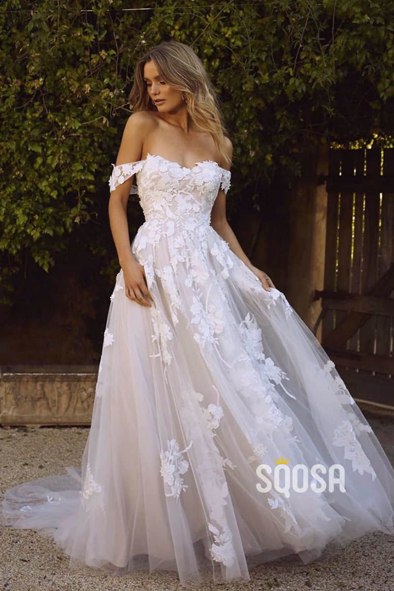 Off-the-Shoulder Modest Tulle Appliques A-Line Rustic Wedding Dress Bridal Gowns QW0906|SQOSA