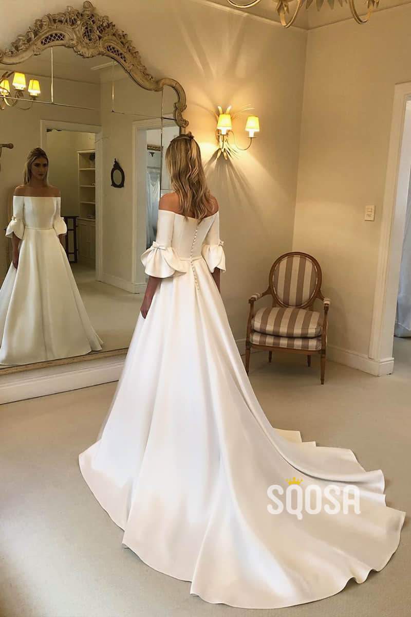 A line Off the Shoulder Ivory Satin Simple Wedding Dress with