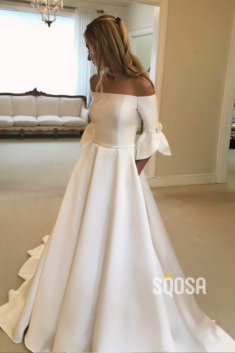 A-line Off-the-Shoulder Ivory Satin Simple Wedding Dress with Pockets QW0940|SQOSA