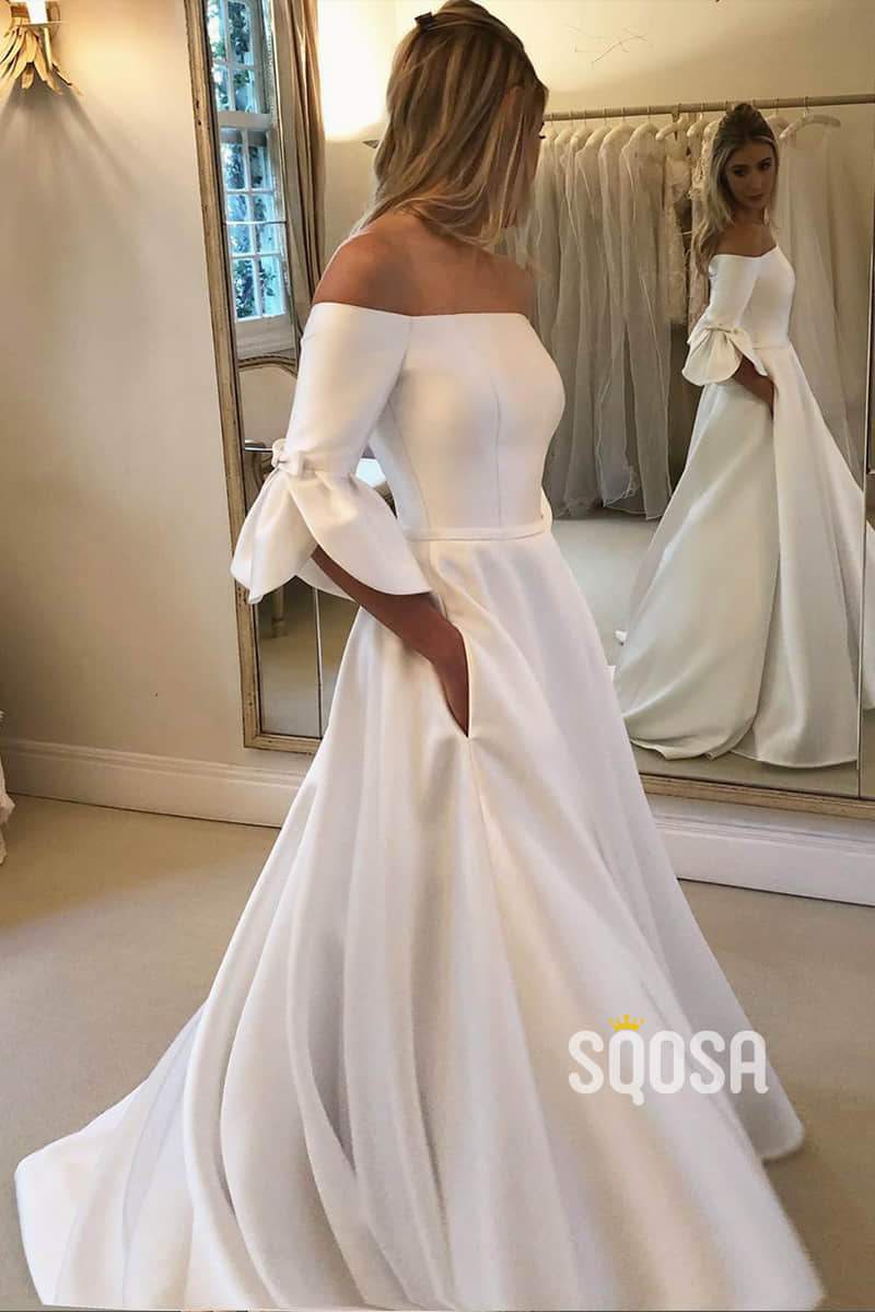 A-line Off-the-Shoulder Ivory Satin Simple Wedding Dress with Pockets QW0940|SQOSA