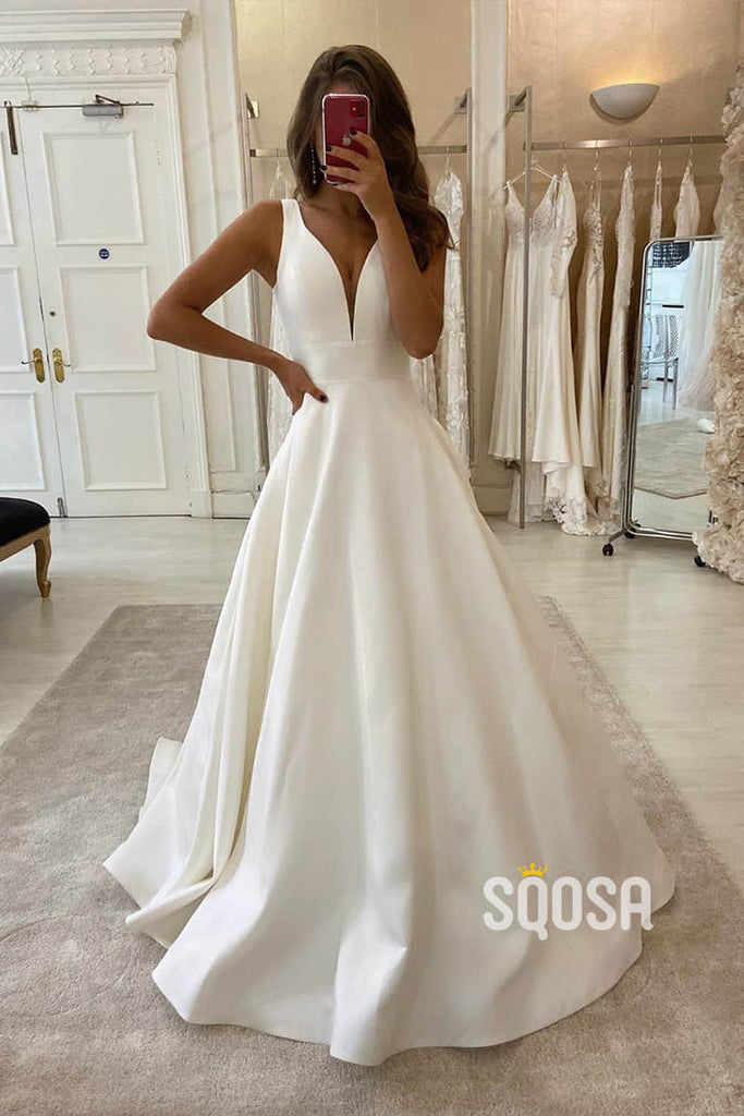 A-Line V-neck Ivory Satin Simple Wedding Dress Backless Bridal Gowns QW0946|SQOSA