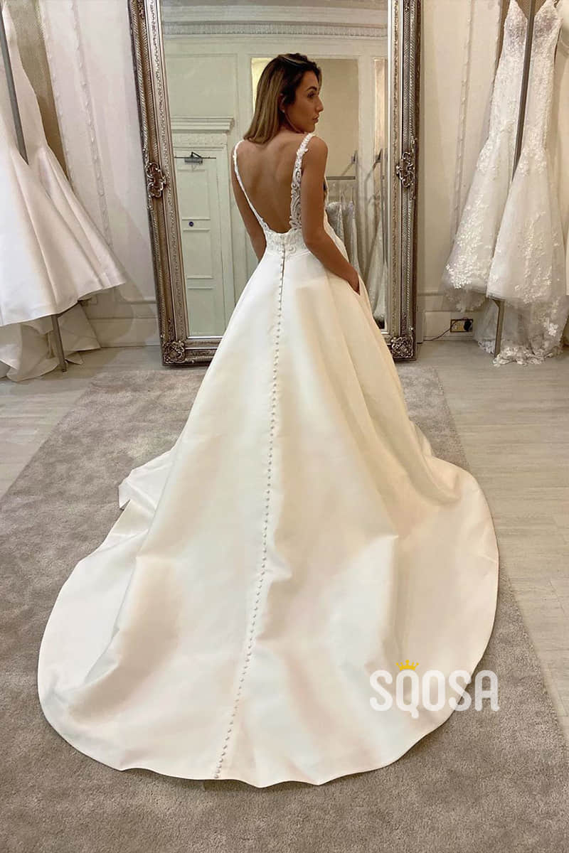 A-Line V-neck Lace Appliques Satin Wedding Dress Bridal Gowns QW0947
