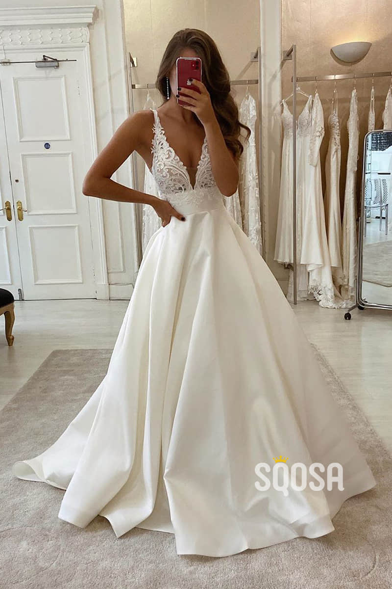 A-Line V-neck Lace Appliques Satin Wedding Dress Bridal Gowns QW0947|SQOSA
