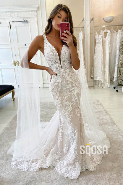 Mermaid Wedding Dress V-neck Lace Wedding Gowns QW0949|SQOSA