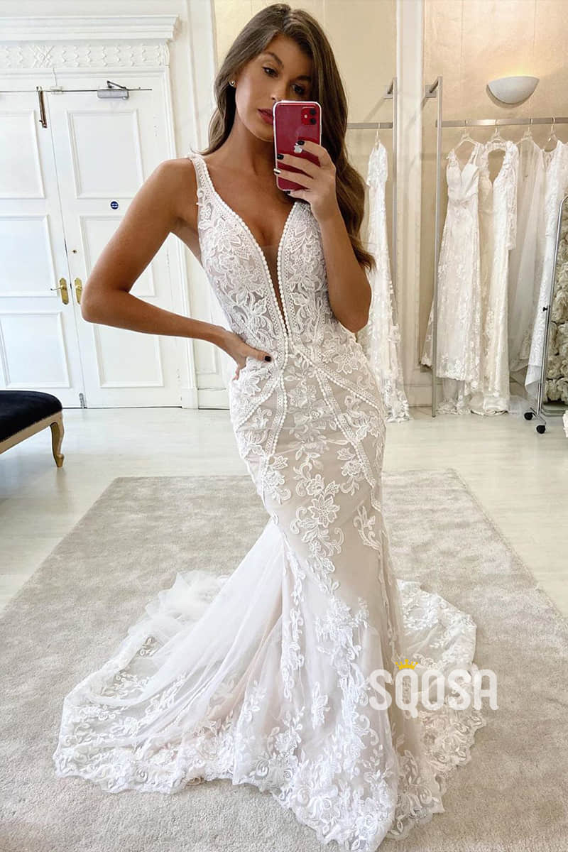 Mermaid Wedding Dress V-neck Lace Wedding Gowns QW0949|SQOSA