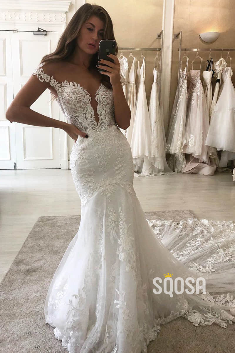 Illusion Cap Sleeves Mermaid Wedding Dress Lace Wedding Gowns QW0950|SQOSA