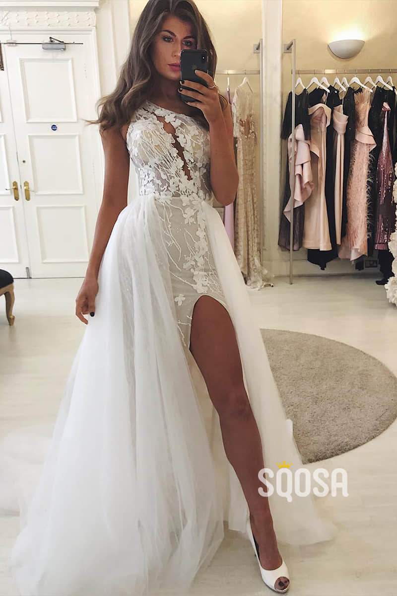 Sheath/Column Wedding Dress One Shoulder Chic Applqiues Wedding Gowns with Slit QW0951|SQOSA