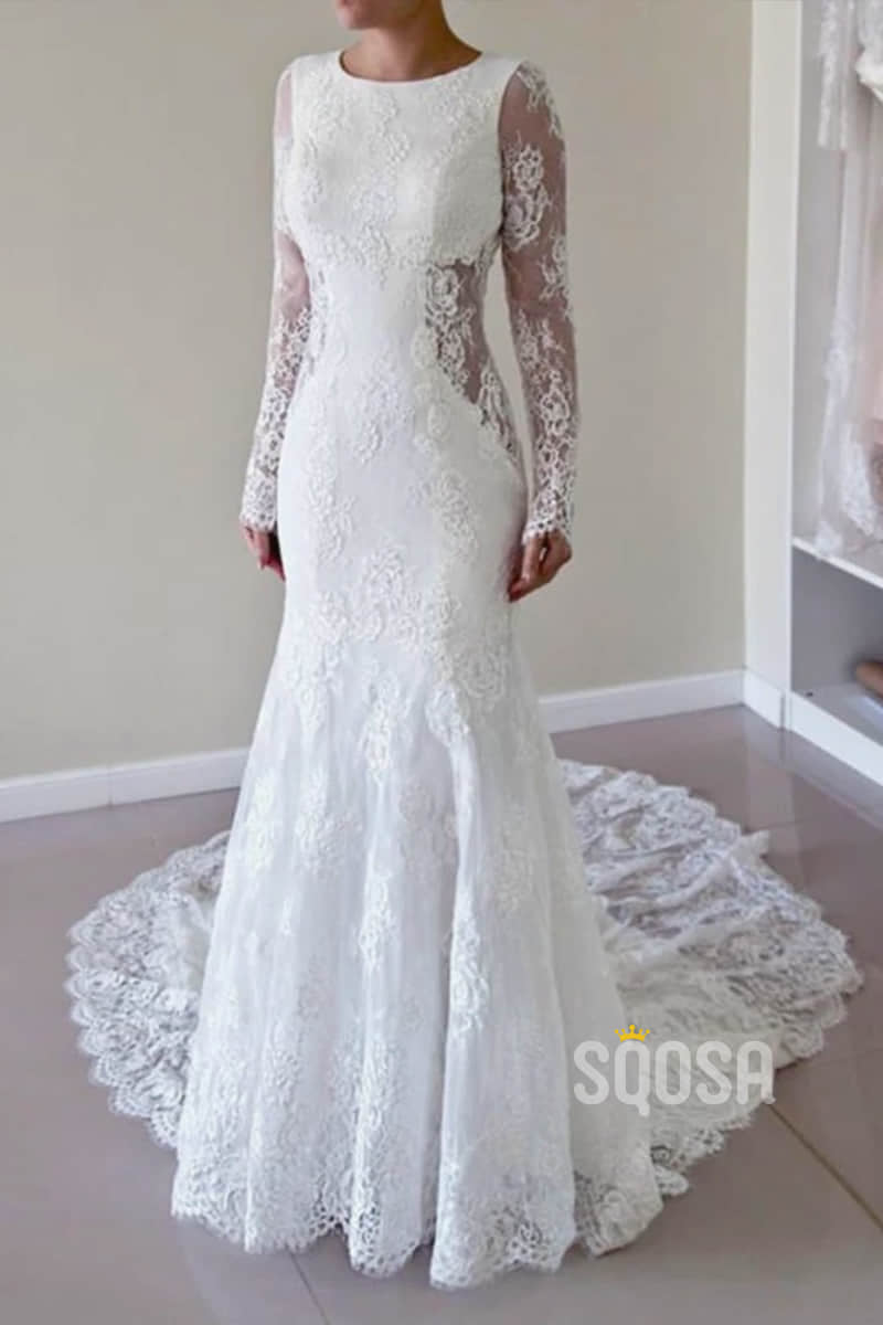 Sheath/Coulmn Wedding Dress Illusion Lace Long Sleeves Bridal Gowns Backless QW2081|SQOSA