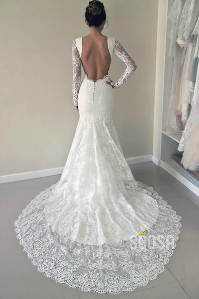 Sheath/Coulmn Wedding Dress Illusion Lace Long Sleeves Bridal Gowns Backless QW2081|SQOSA