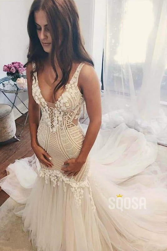 Mermaid/Trumpet Wedding Dress V-neck Lace Wedding Gowns Royal Train Bridal Gowns QW2085|SQOSA
