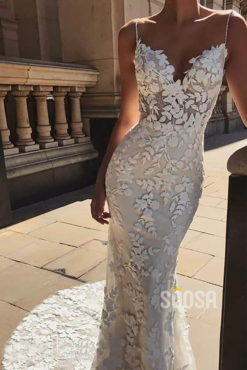 Mermaid/Trumpet Wedding Dress Spaghetti Straps Luxury Lace Wedding Gowns QW2089|SQOSA