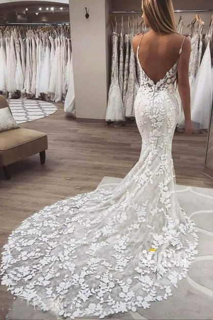 Mermaid/Trumpet Wedding Dress Spaghetti Straps Luxury Lace Wedding Gowns QW2089|SQOSA