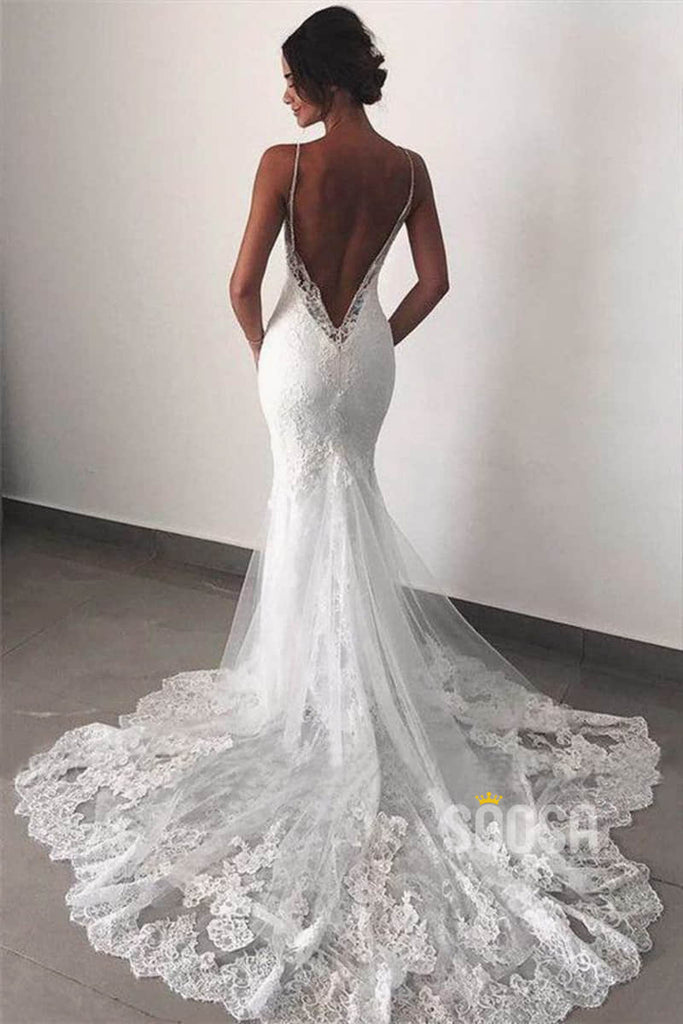 Chic Spaghetti Straps V-neck Lace Wedding Dress Backless Mermaid Wedding Gowns QW2092|SQOSA
