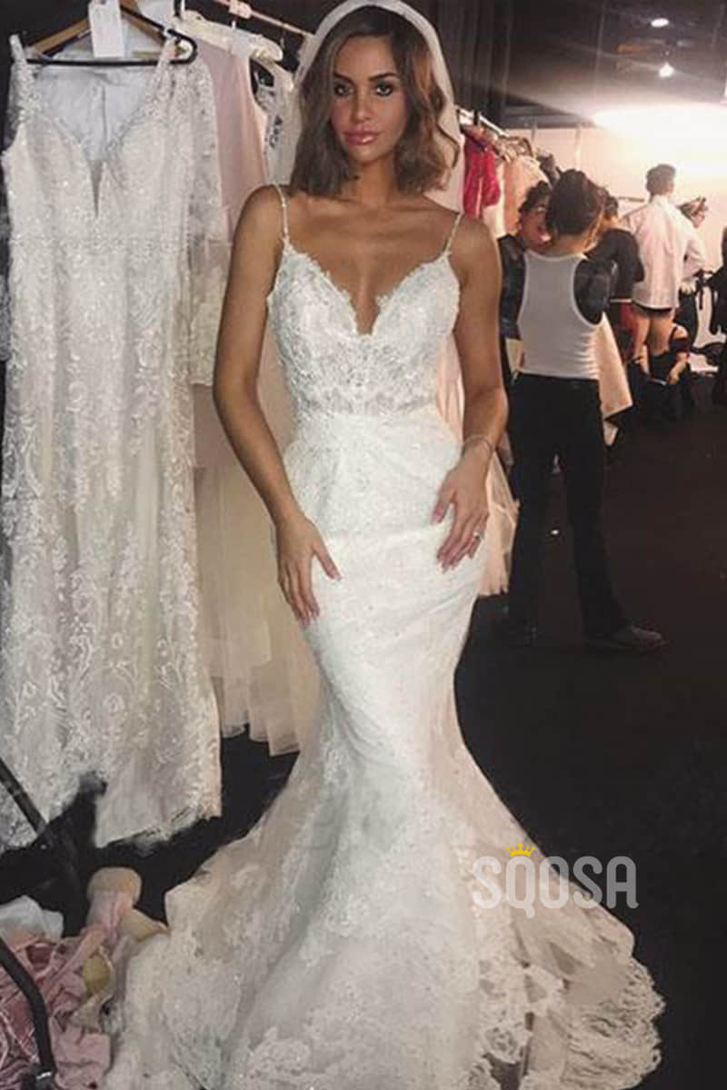 Chic Spaghetti Straps V-neck Lace Wedding Dress Backless Mermaid Wedding Gowns QW2092|SQOSA