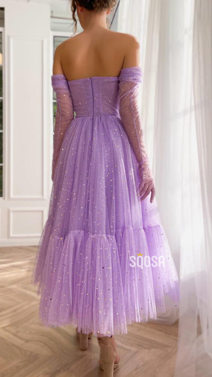 A Line Sweetheart Pleats Long Sleeves Vintage Prom Dress QP0950