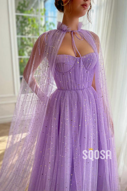 A line Sweetheart Shawl Lilac Long Prom Dress with Pockets QP0929