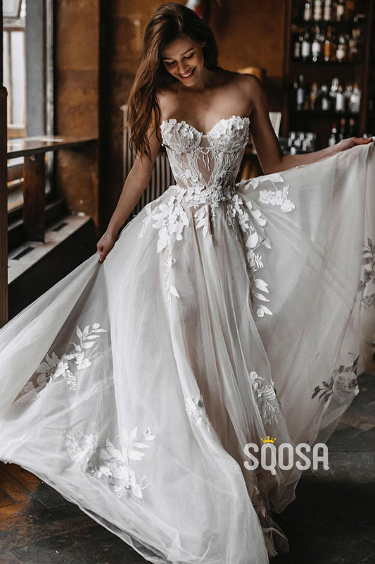 A-line Sweetheart Tulle Appliques Bohemian Wedding Dress QW2706|SQOSA