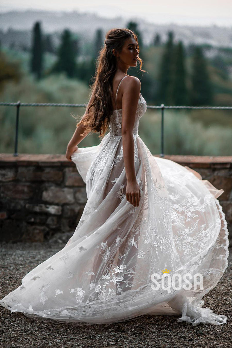A-line Spaghetti Straps Tulle Appliques Bohemian Wedding Dress QW2690|SQOSA