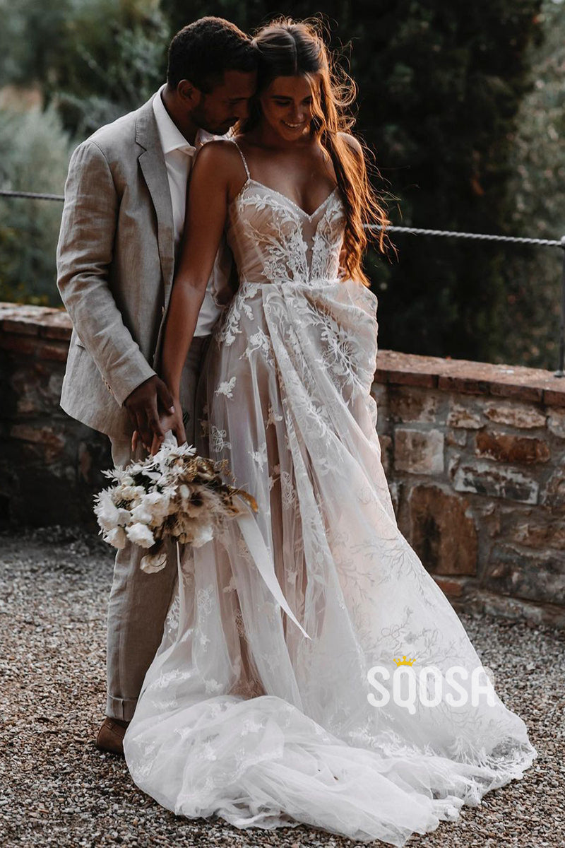 A-line Spaghetti Straps Tulle Appliques Bohemian Wedding Dress QW2690|SQOSA