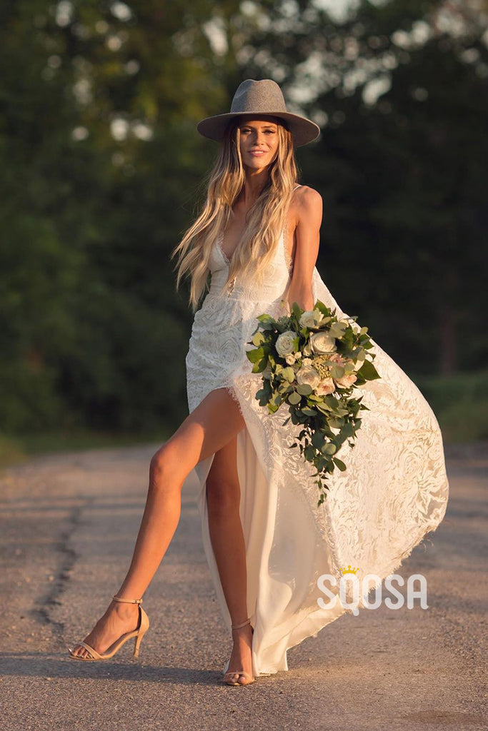 A-line V-neck High Split Lace Bohemian Wedding Dress QW2696|SQOSA