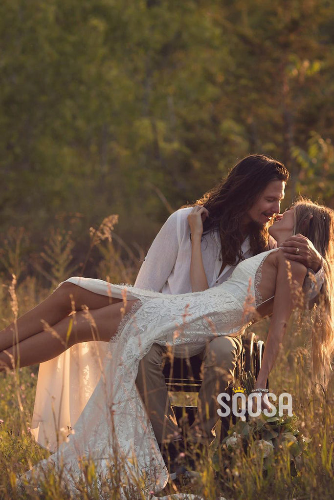 A-line V-neck High Split Lace Bohemian Wedding Dress QW2696|SQOSA
