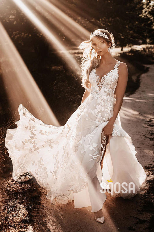 A-line V-neck Appliques Beach Wedding Dress QW2683|SQOSA