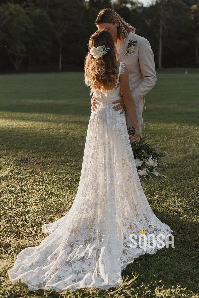 A-line Sweetheart Allover Lace Wedding Dress Bohemian Wedding Dress QW2692|SQOSA