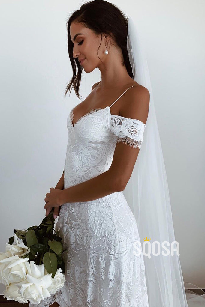 A-line V-neck High Split Allover Lace Bohemian Wedding Dress QW2695|SQOSA